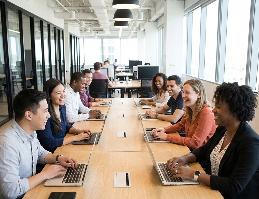 Современный ресторан с командой обсуждающей финансовые показатели на планшете