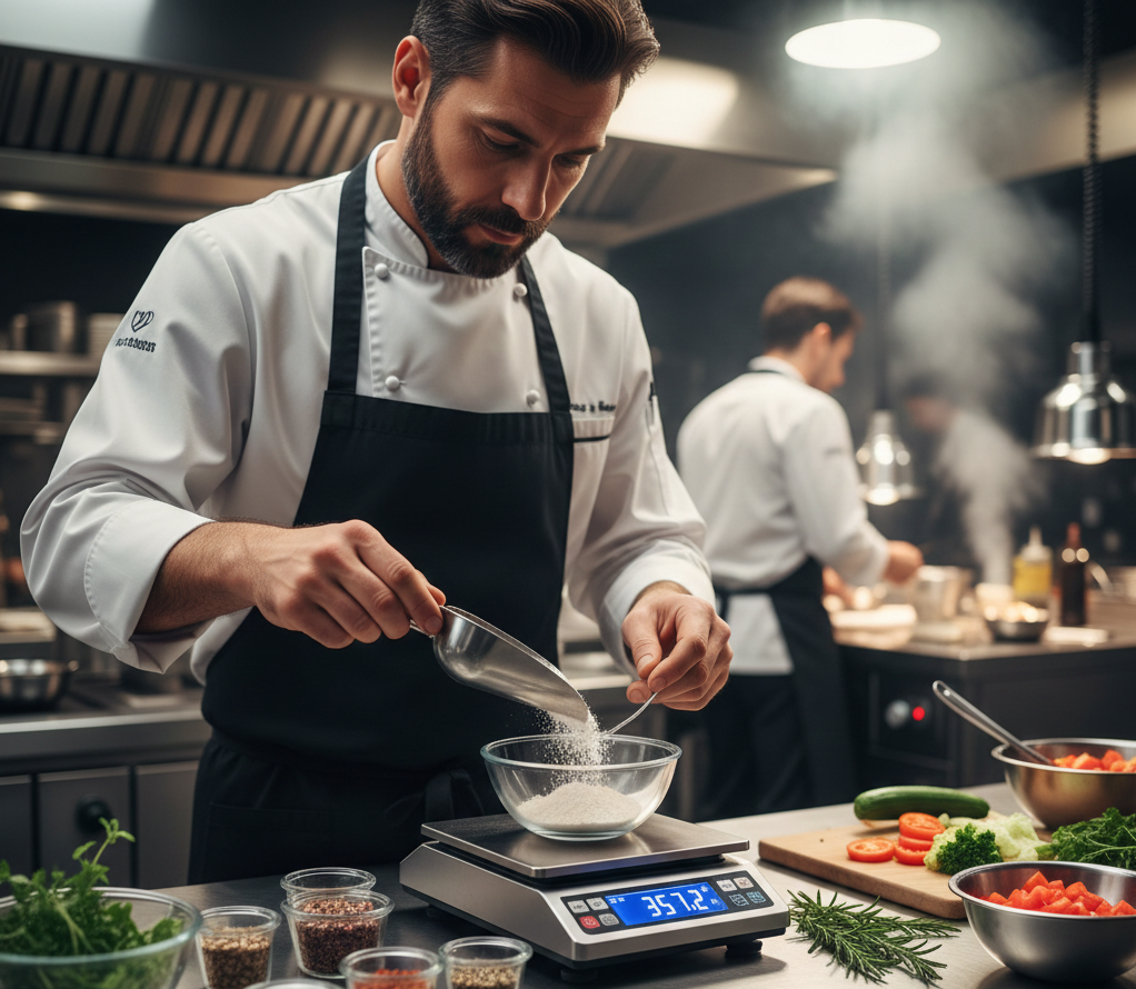 Шеф-повар тщательно взвешивает ингредиенты на кухне ресторана
